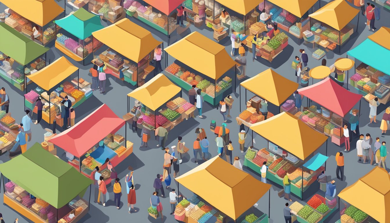 A bustling marketplace with colorful stalls selling locally made products, surrounded by enthusiastic customers