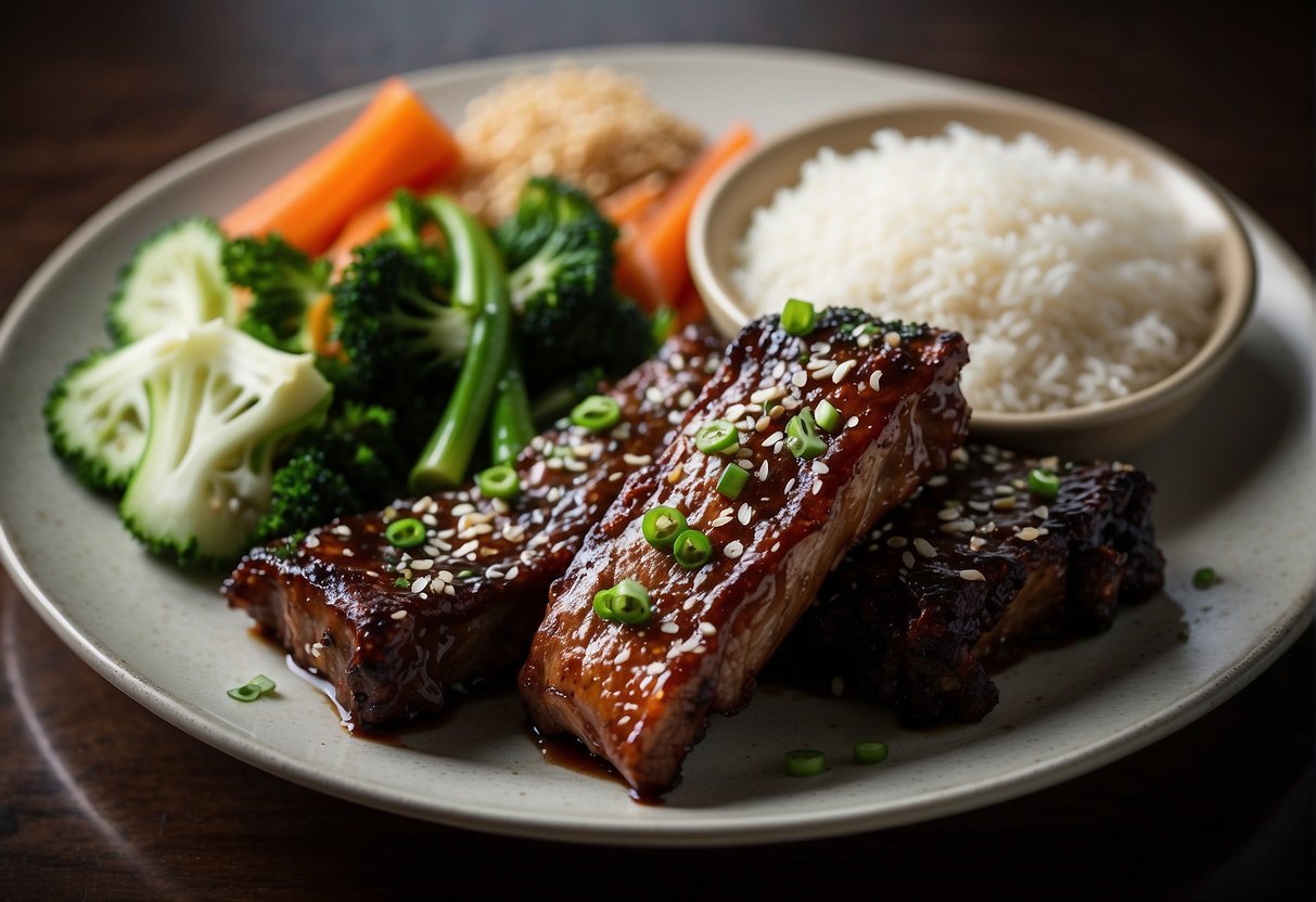 A plate of glistening, caramelized pork ribs, garnished with sesame seeds and green onions, accompanied by a side of steamed rice and stir-fried vegetables