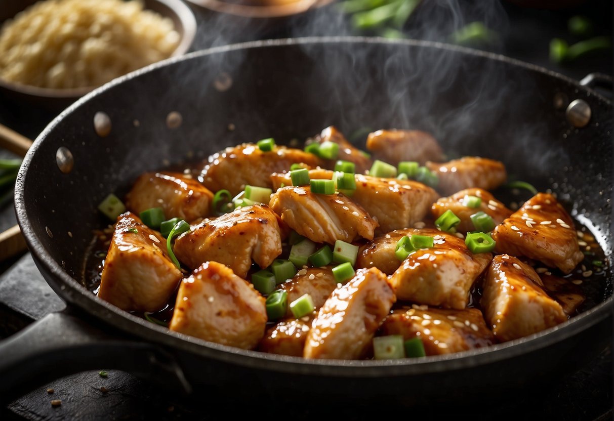 Chicken pieces marinating in soy, honey, and ginger. A wok sizzling with oil as the chicken is stir-fried. Steam rising as the sauce thickens. Garnished with sesame seeds and green onions