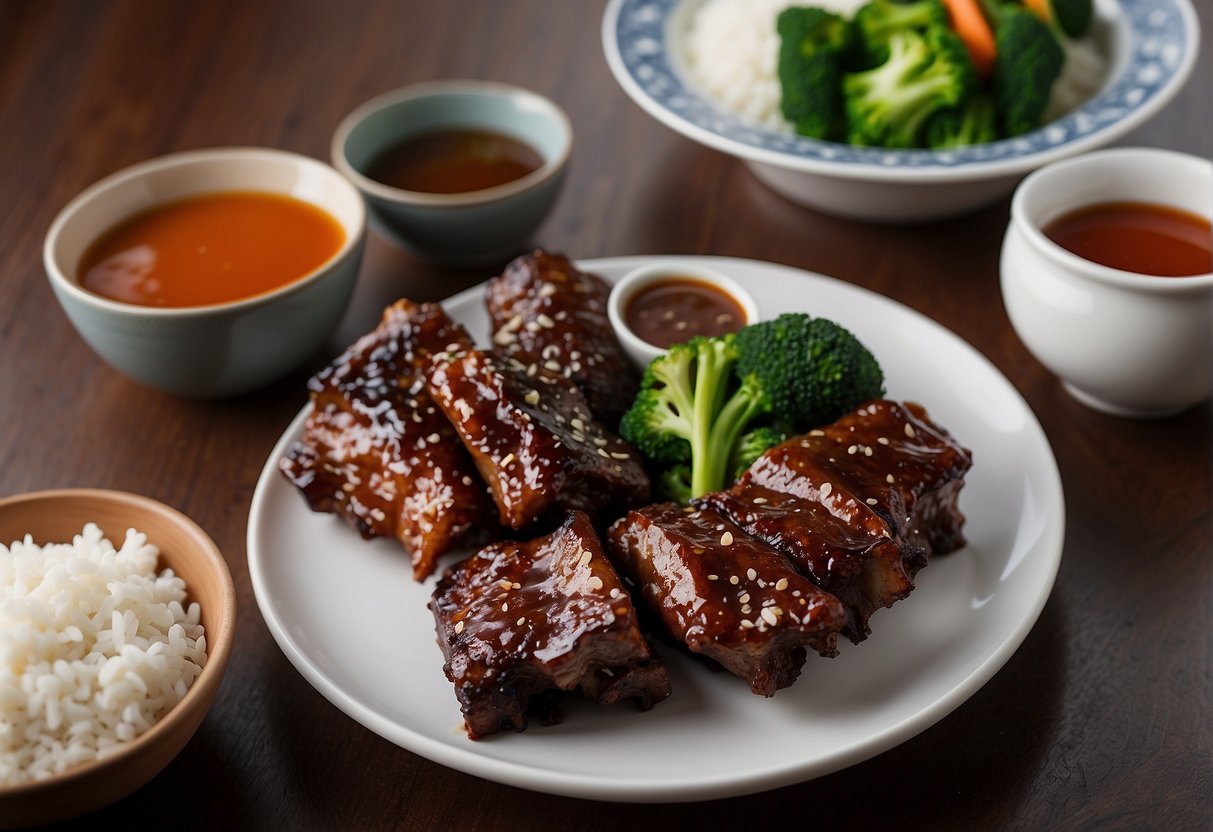 A plate of Chinese sticky pork ribs with a side of steamed vegetables, accompanied by a bowl of white rice, and a small dish of dipping sauce