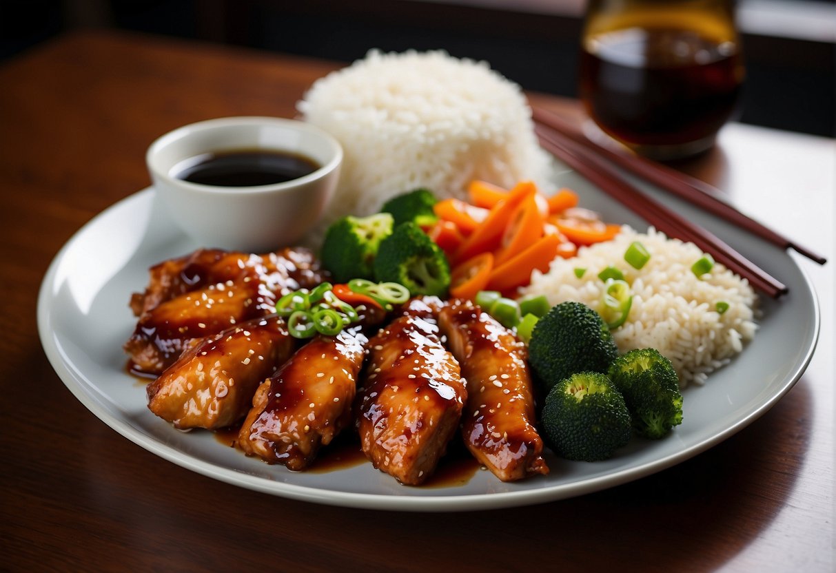 A platter of Chinese sticky chicken with steamed rice and stir-fried vegetables, accompanied by a bottle of soy sauce and chopsticks