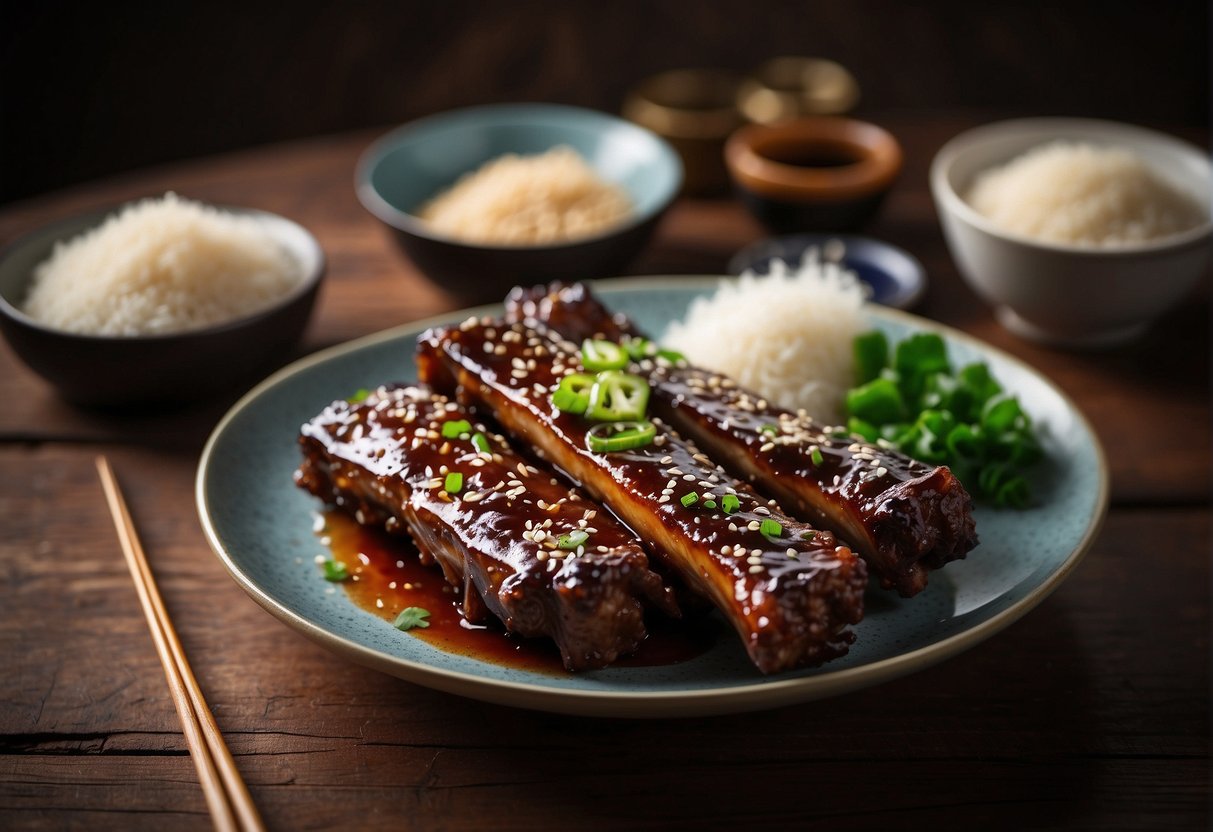 A steaming plate of Chinese sticky pork ribs, garnished with sesame seeds and green onions, sits on a rustic wooden table. A pair of chopsticks rests beside the dish
