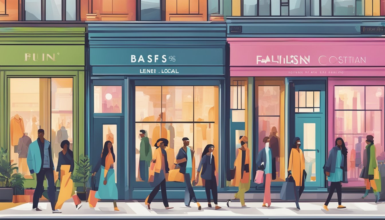 A bustling city street with trendy storefronts and stylishly dressed pedestrians. Bright, modern signage and sleek window displays showcase the latest fashion forward local brand