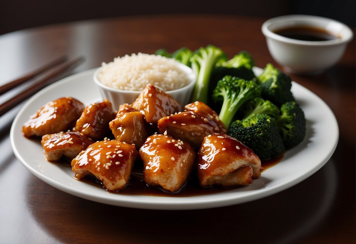 A plate of Chinese sticky chicken with a side of steamed vegetables, accompanied by a small dish of soy sauce