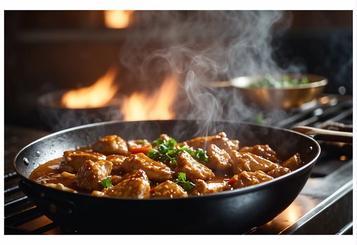 A wok sizzles as chicken pieces are coated in a glossy, caramel-colored sauce. Steam rises as the fragrant aroma of soy, ginger, and garlic fills the air