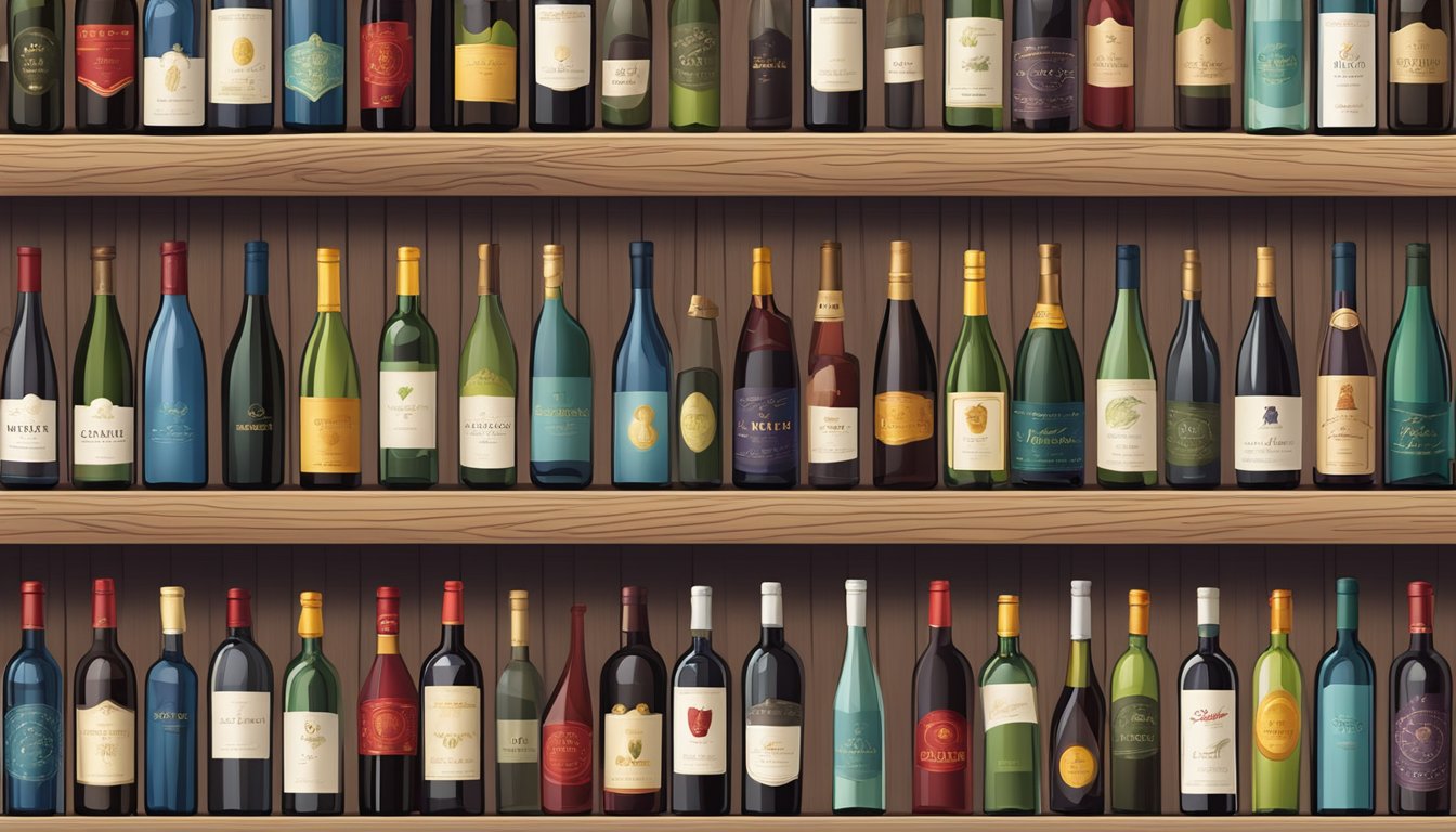 A display of various wine brands lined up on a wooden shelf, with elegant labels and different colored bottles