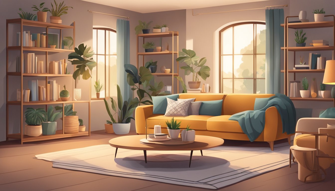 A cozy living room with stylish homeware products displayed on shelves and a comfortable sofa. Soft lighting and warm colors create a welcoming atmosphere
