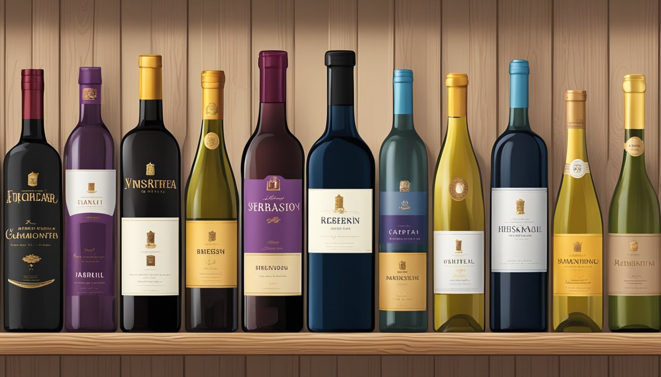 Wine bottles lined up on a wooden shelf, each with a distinct label showcasing different varietals and brands