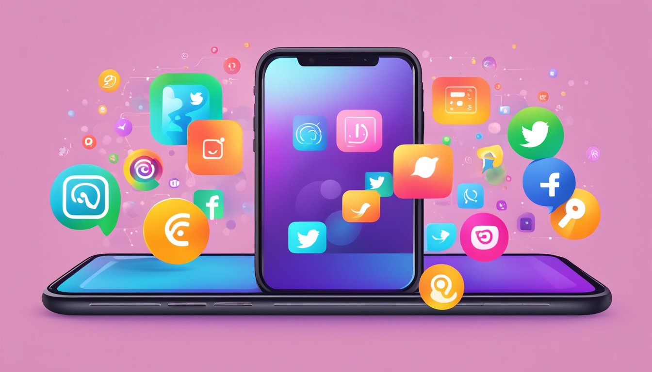 A vibrant digital logo on a phone screen with social media icons, surrounded by likes, comments, and shares