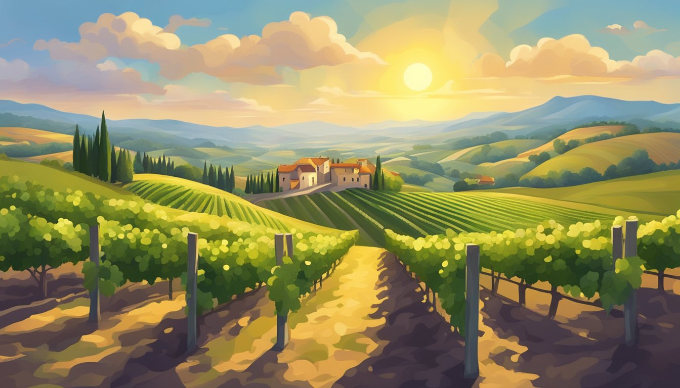 Vineyards sprawl across rolling hills, basking in golden sunlight. Grapes glisten on the vines, promising the finest wines
