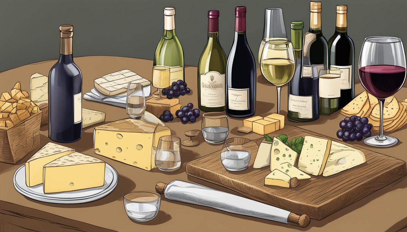 A table set with various wine bottles, glasses, and tasting notes. A sommelier's toolkit and a selection of cheese and crackers accompany the display