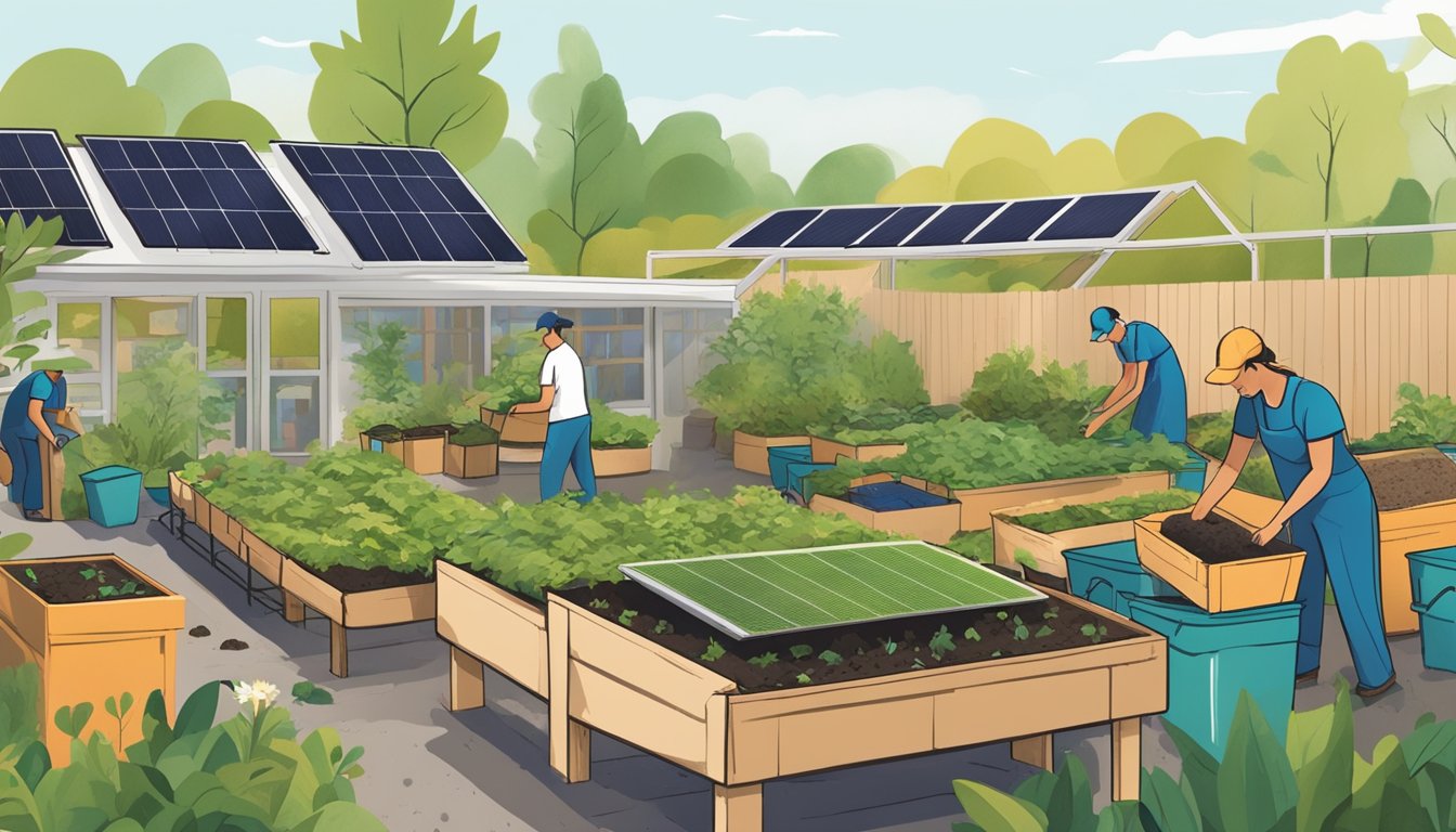 A local brand's sustainable practices: a lush garden with compost bins, solar panels on the roof, and workers sorting recyclables