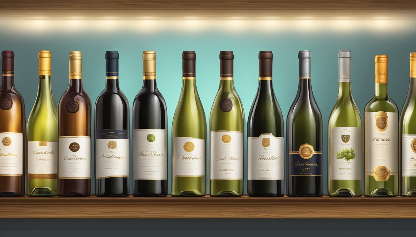 A row of wine bottles displayed on a wooden shelf, each with unique branding and labels. Bright spotlights illuminate the bottles, creating a sense of luxury and exclusivity