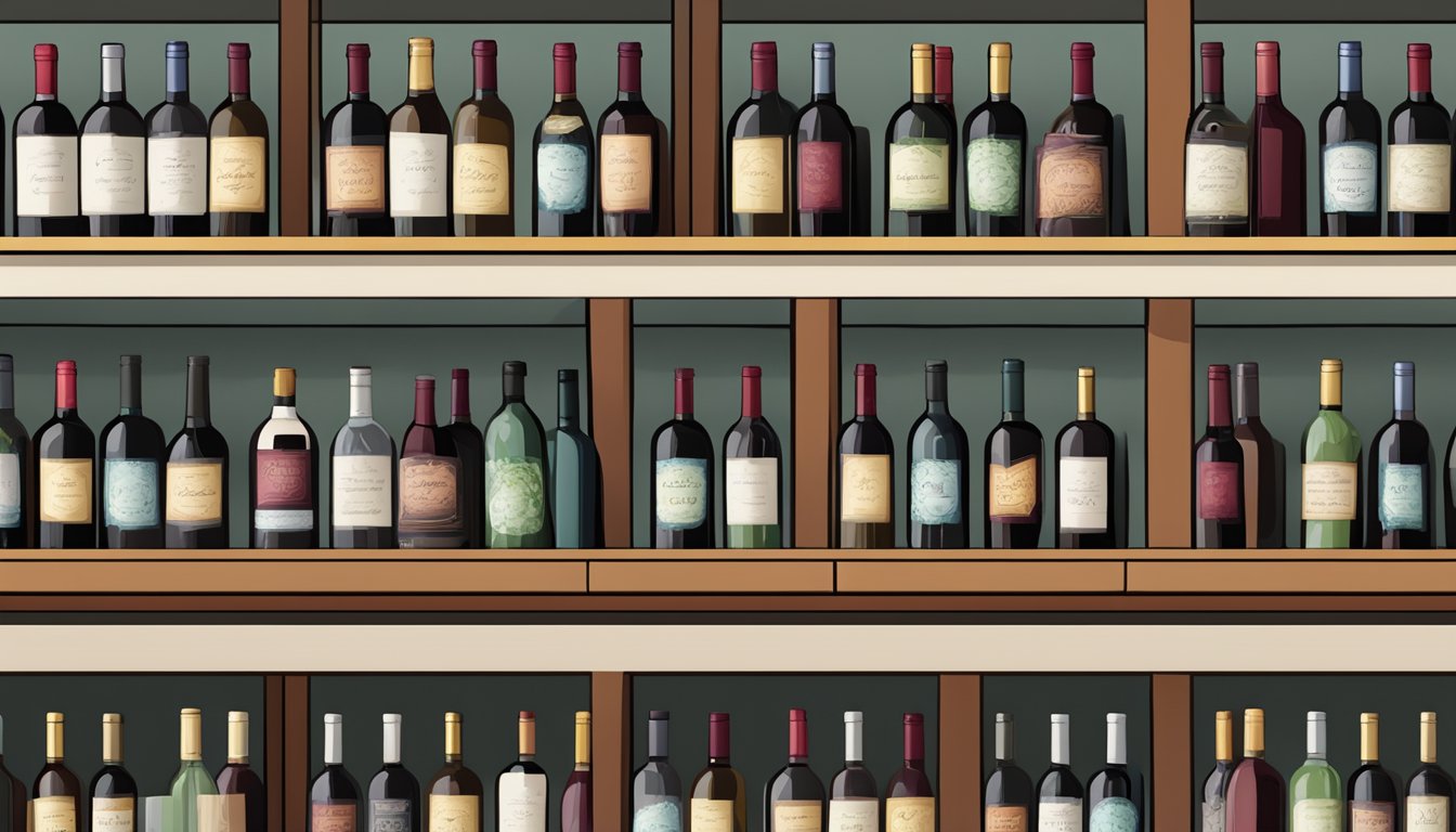 A row of wine bottles with "Frequently Asked Questions" labels on a shelf, surrounded by wine glasses and a tasting menu