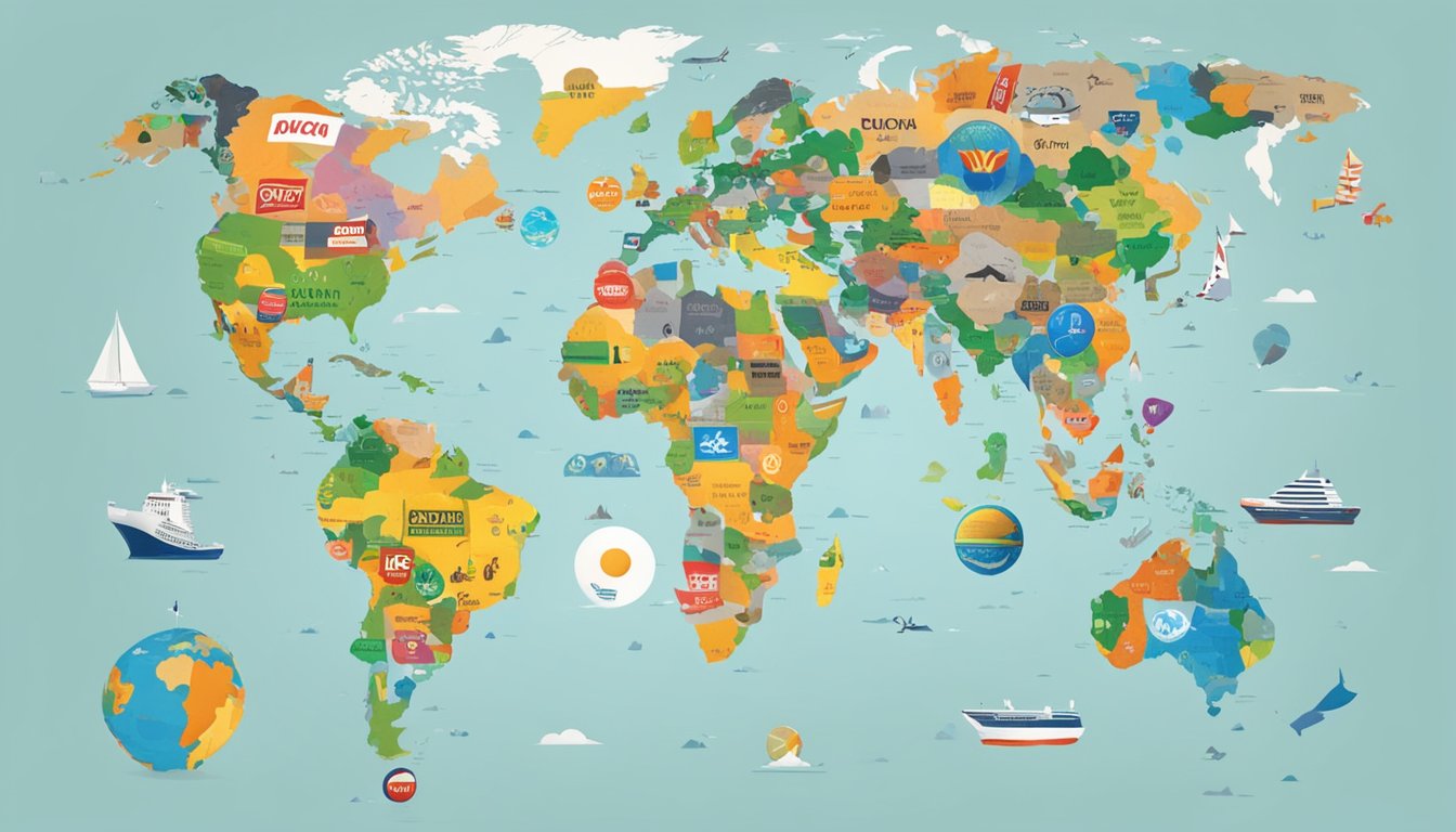 A world map with local brand logos spreading across continents