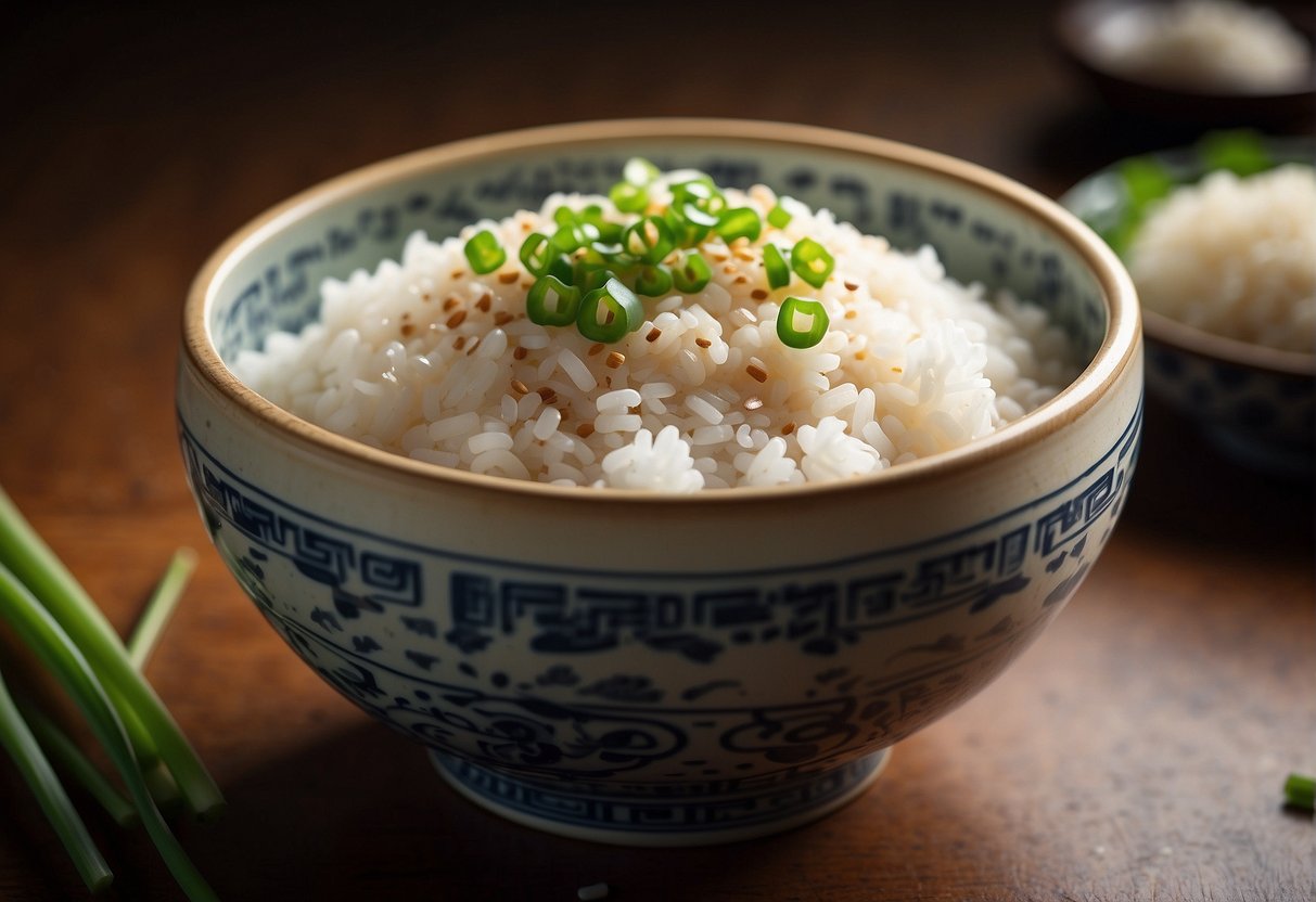 A steaming bowl of Chinese sticky rice with pork, garnished with green onions and sesame seeds, sits on a wooden table