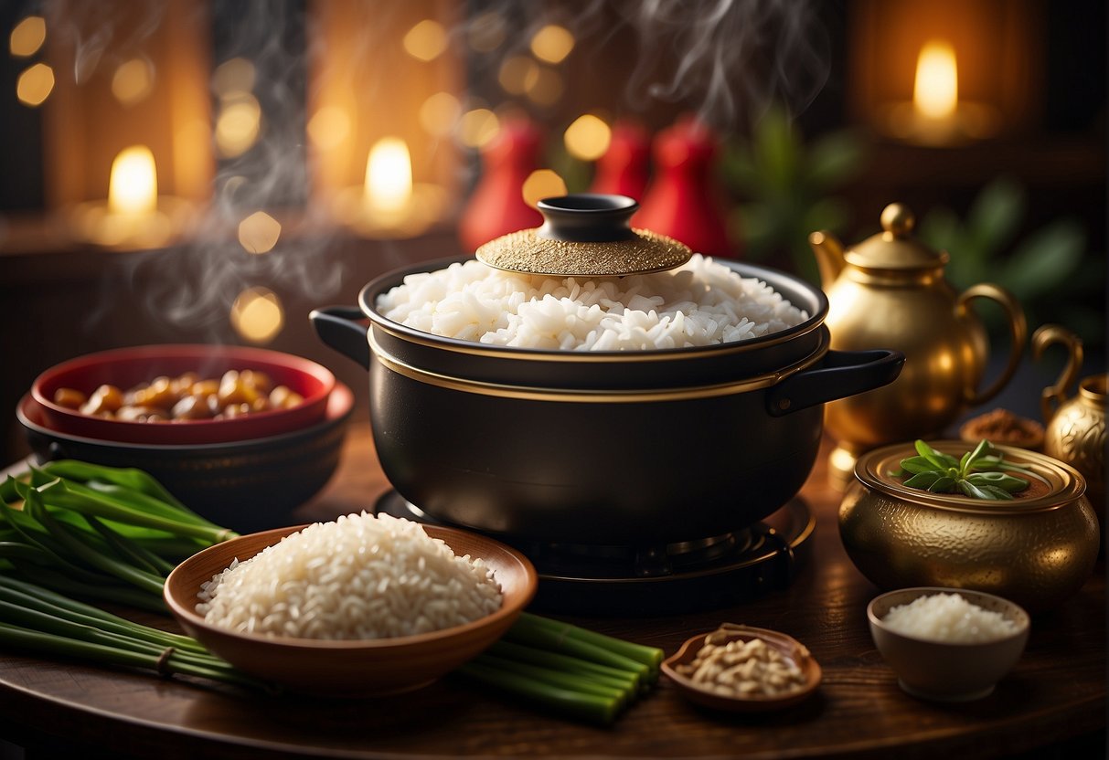 A steaming bamboo steamer filled with savory Chinese sticky rice and pork, surrounded by traditional cooking utensils and vibrant red and gold decorations