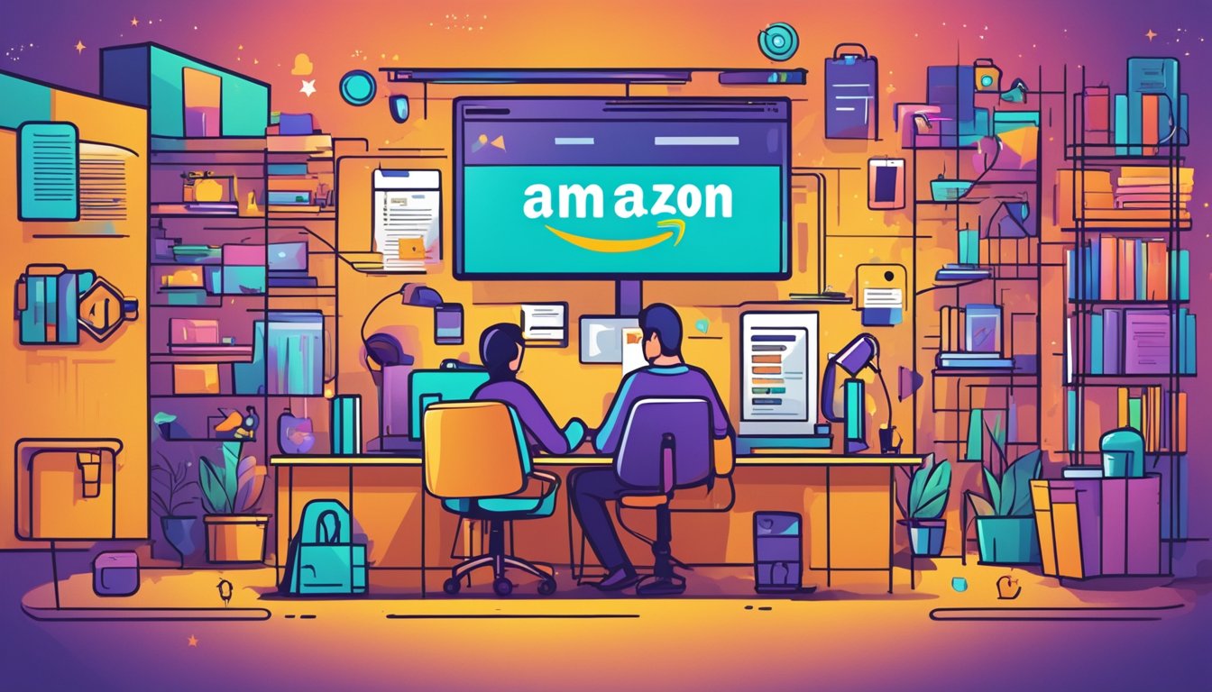 A vibrant logo displayed prominently on Amazon's website, surrounded by positive customer reviews and high ratings