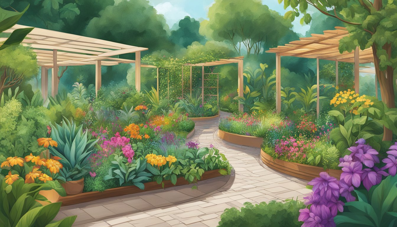 A vibrant garden with diverse plants growing, symbolizing the growth and expansion of the Amazon brand registry. The garden is filled with greenery, blooming flowers, and thriving vegetation, representing the flourishing strategies for growth