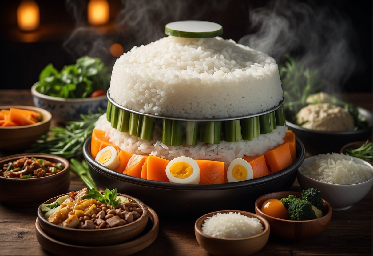 A steaming bamboo steamer filled with glistening, sticky white rice, surrounded by colorful dishes of savory meats and vegetables