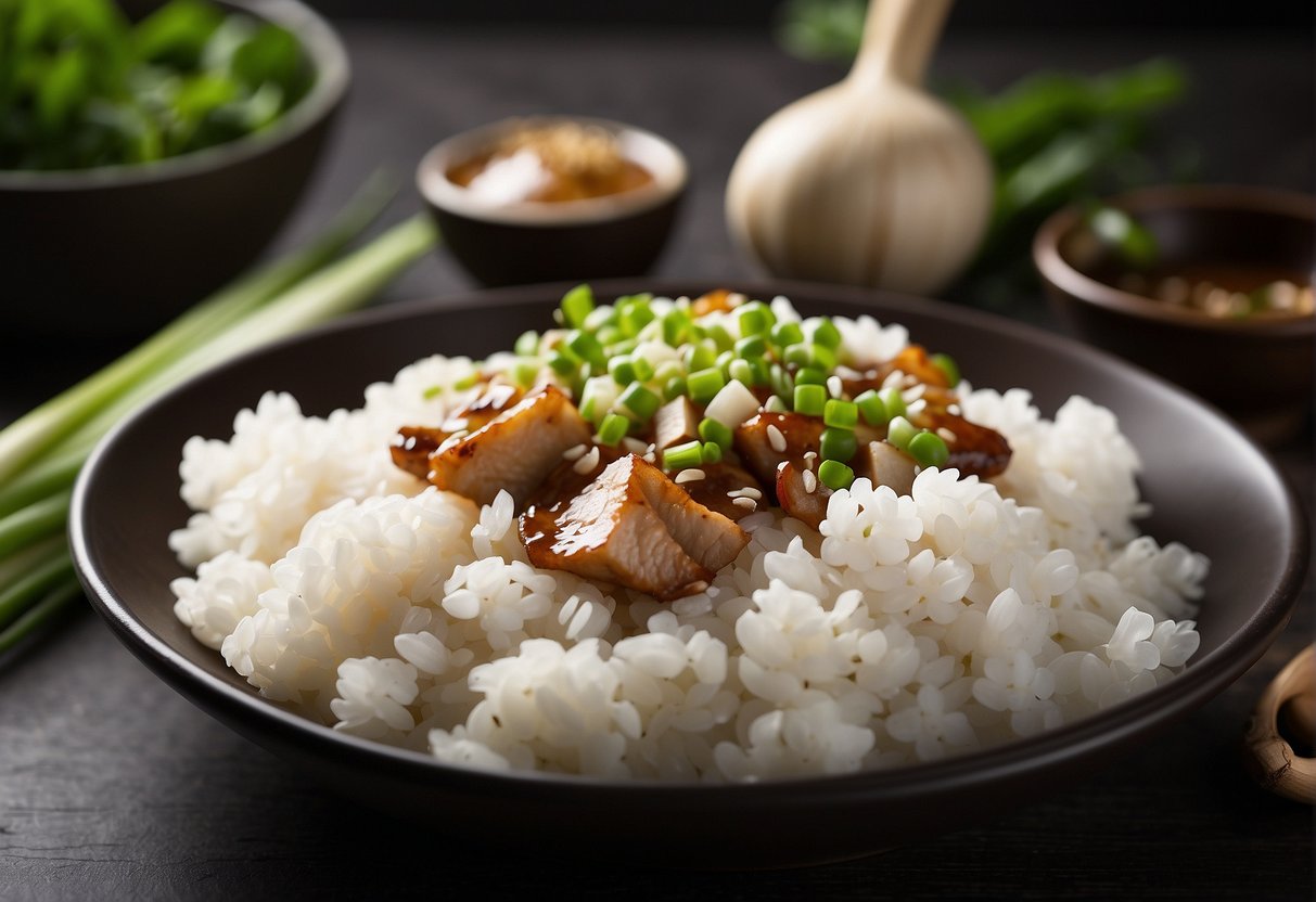 A table with ingredients: sticky rice, pork, soy sauce, ginger, garlic, and green onions. Possible substitutions: chicken, tofu, or mushrooms
