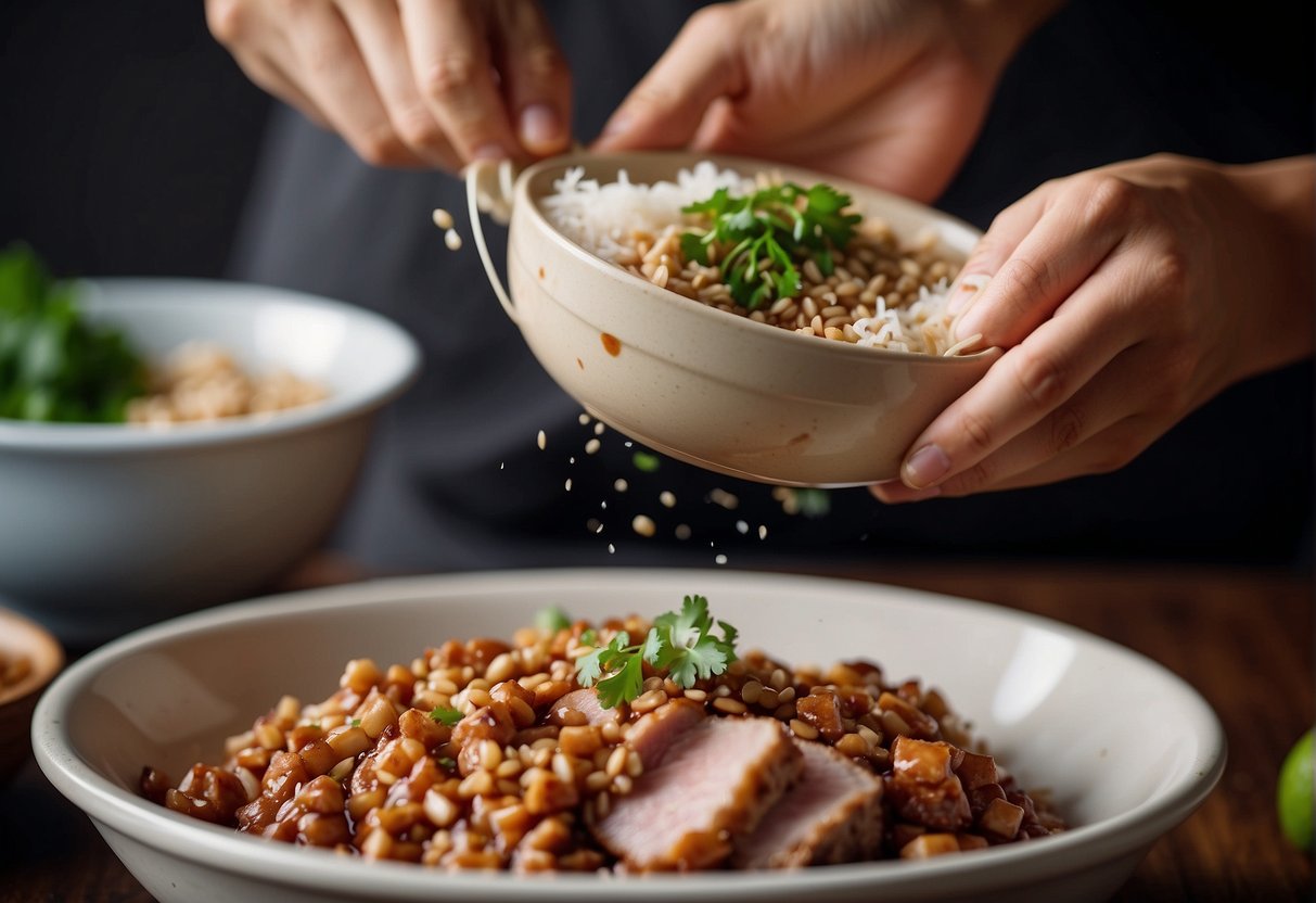 A hand mixing marinated pork with glutinous rice, soy sauce, and spices in a large bowl