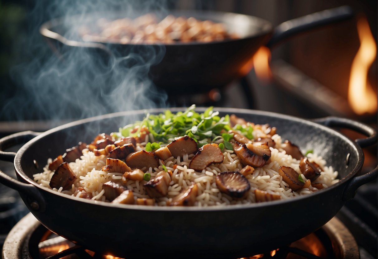 A wok sizzles with marinated pork, shiitake mushrooms, and glutinous rice. Steam rises as the ingredients are tossed and mixed together, creating a fragrant and flavorful Chinese sticky rice dish