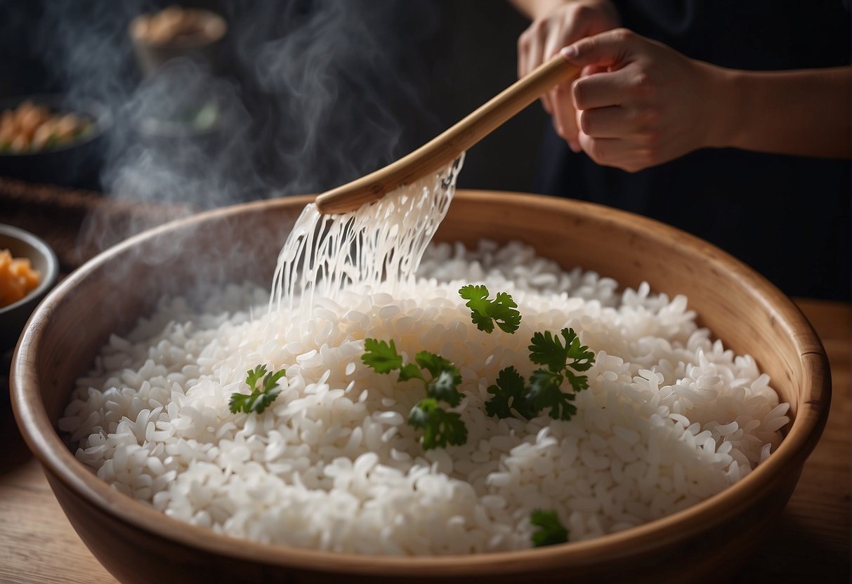 A pair of hands mixing glutinous rice with water in a large bowl, then steaming it in a bamboo steamer