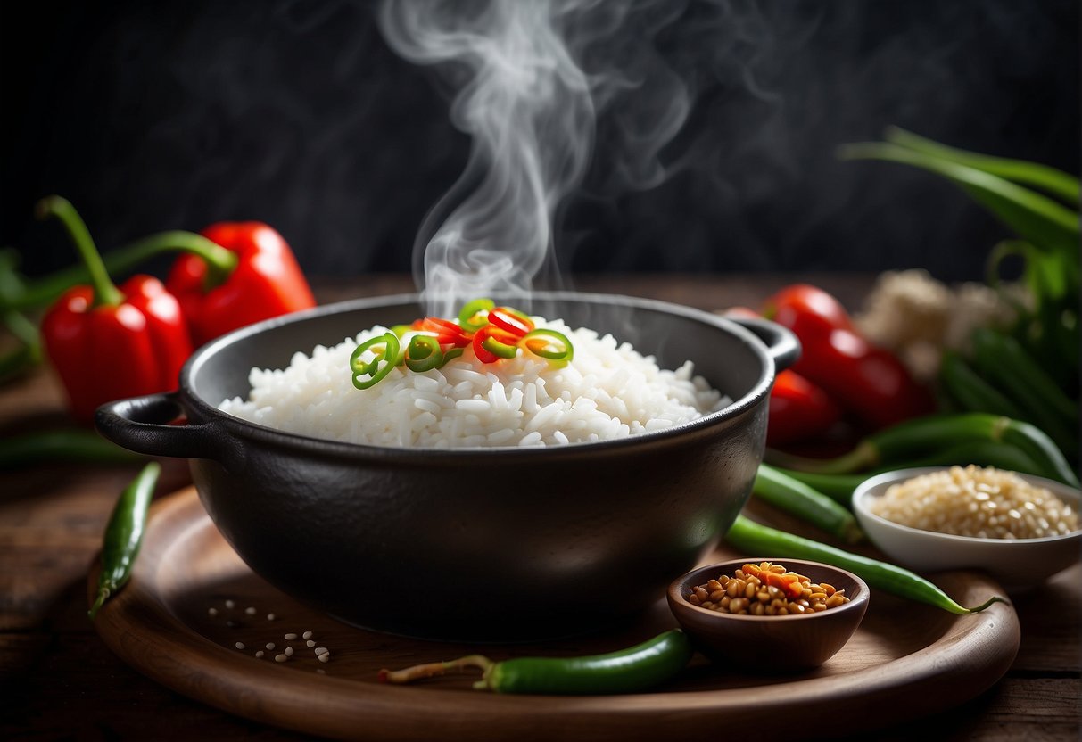 A steaming pot of sticky white rice with soy sauce, sesame oil, and green onions mixed in, surrounded by vibrant red chili peppers and fragrant garlic cloves