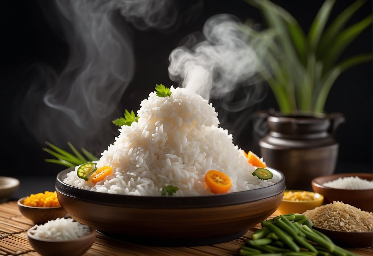 A steaming bamboo steamer releasing fragrant vapor over a mound of sticky white rice, surrounded by colorful garnishes and traditional serving dishes