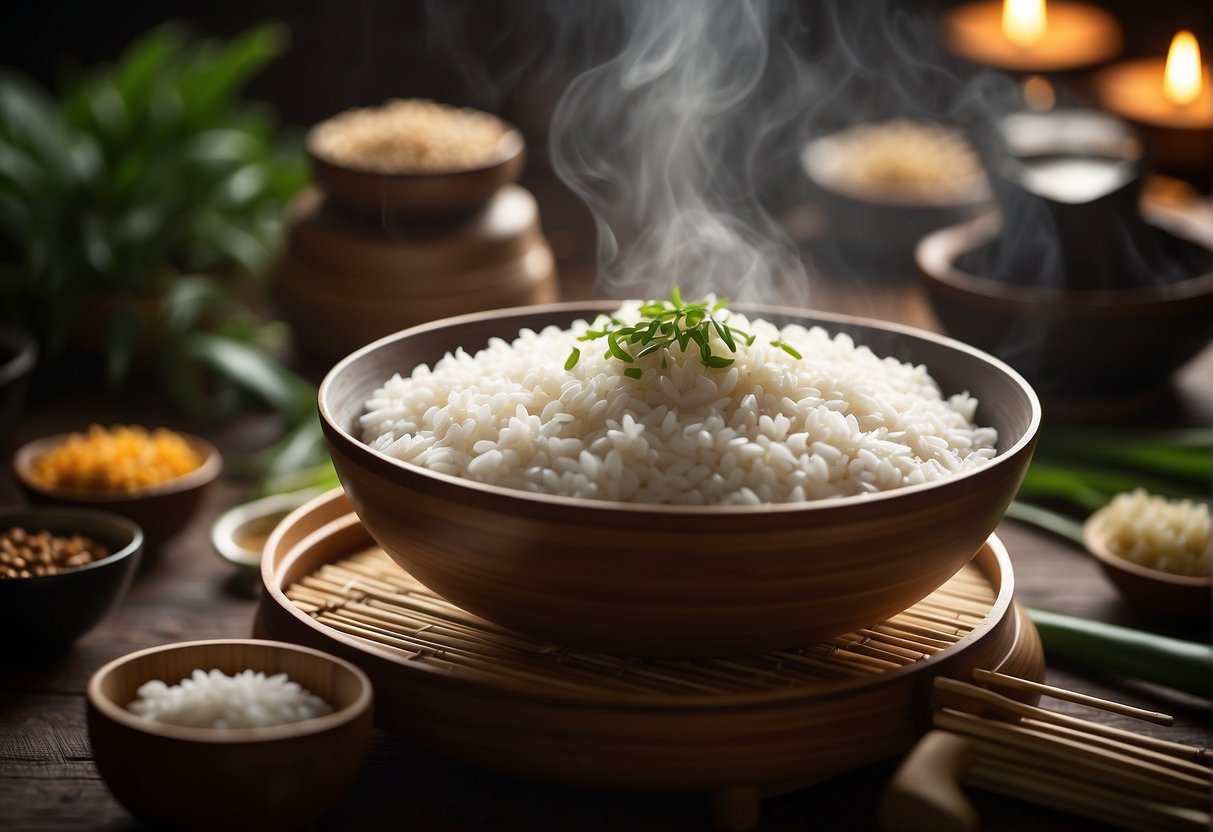 A steaming bamboo steamer filled with glistening, plump grains of sticky white rice, surrounded by traditional Chinese cooking utensils