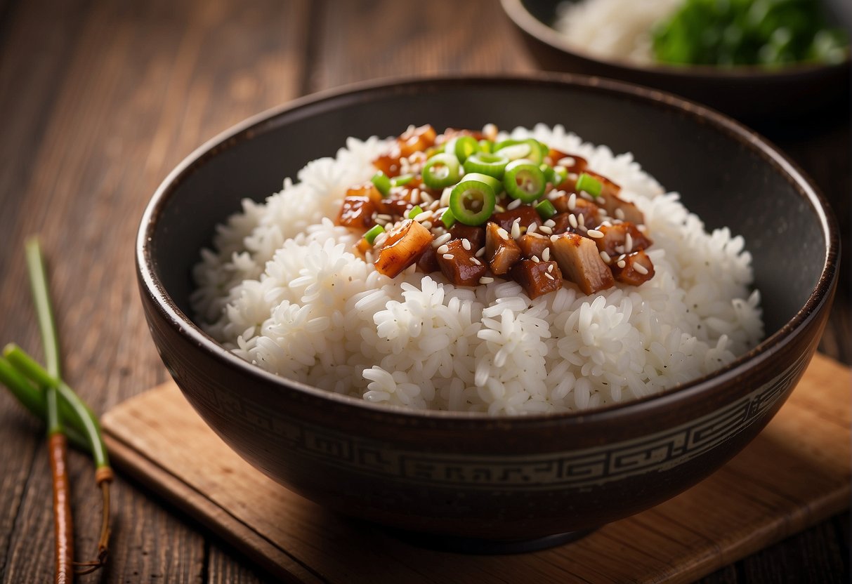 A steaming bowl of Chinese sticky rice with pork, garnished with green onions and sesame seeds, sits on a rustic wooden table