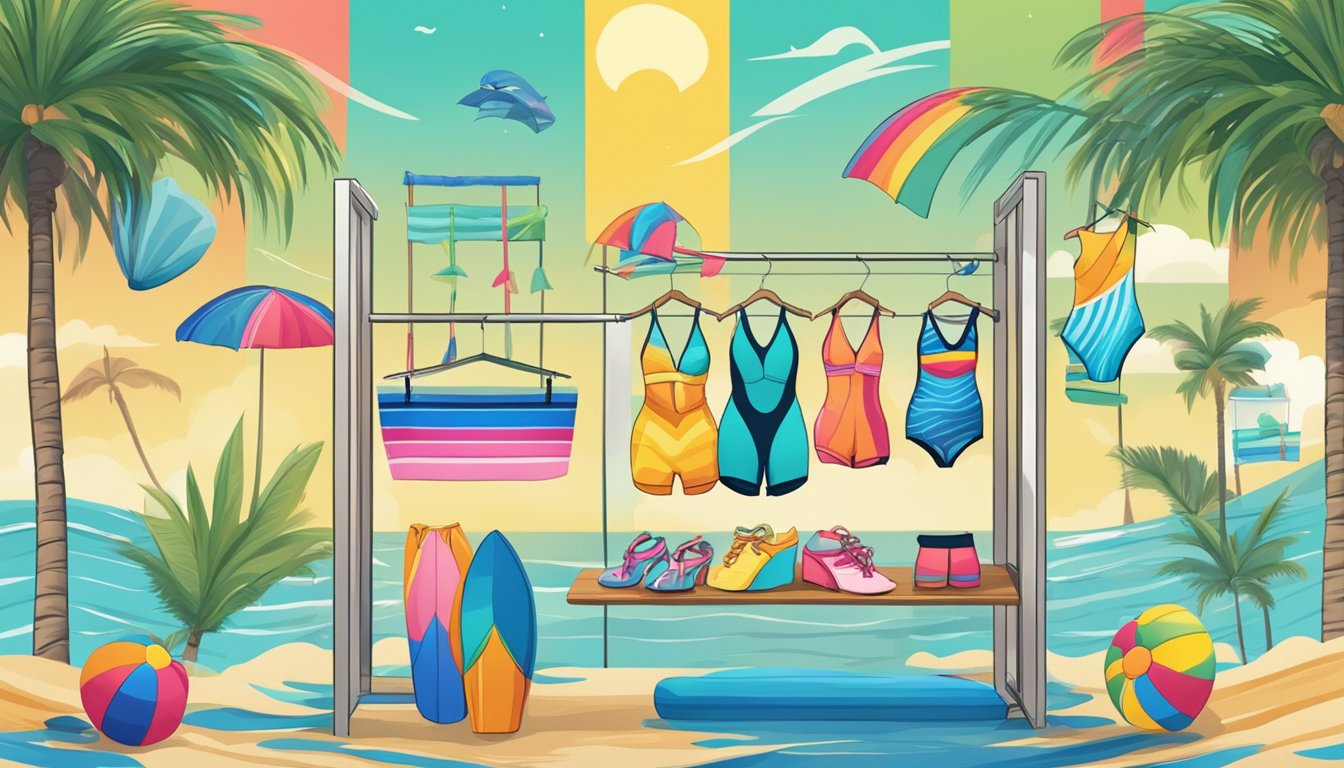 A beach with colorful Australian swimwear brands displayed on a rack, surrounded by palm trees and waves crashing in the background