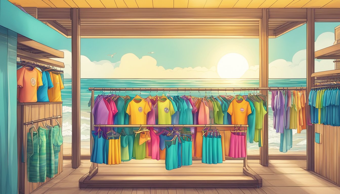 A beach with colorful swimwear brands displayed on a rack. Sun shining, waves crashing in the background