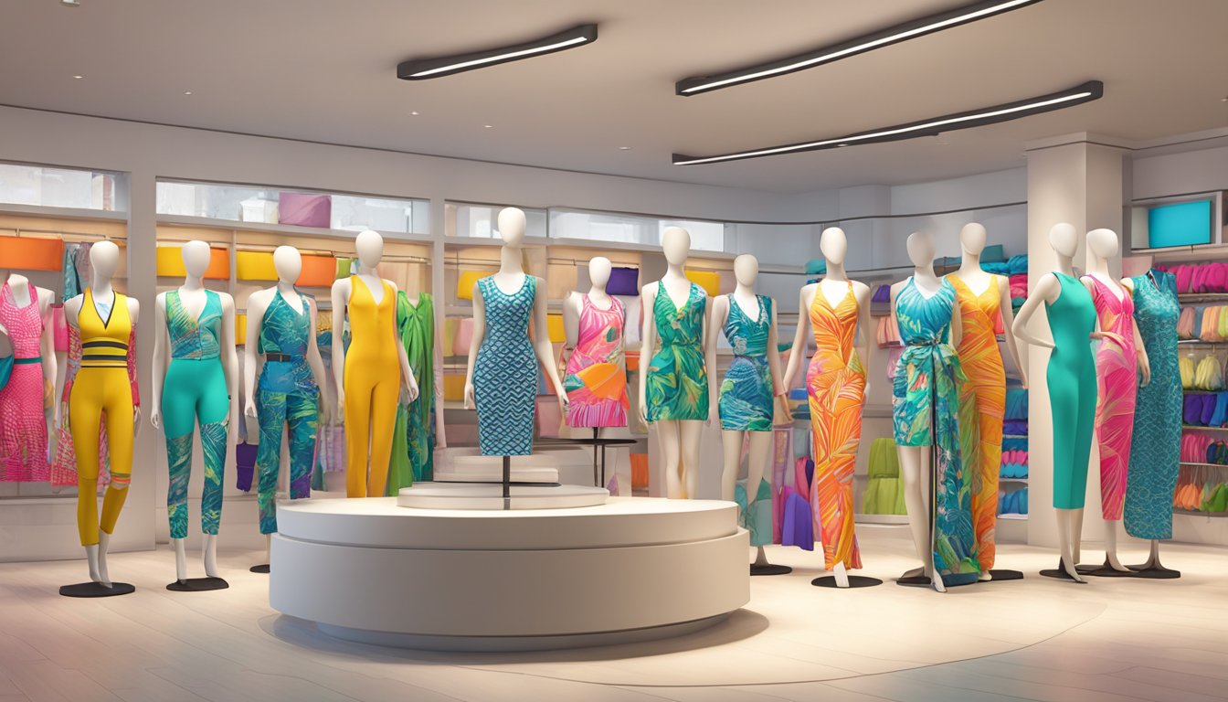 Vibrant swimwear designs displayed on mannequins in a modern boutique setting. Bright colors and bold patterns catch the eye