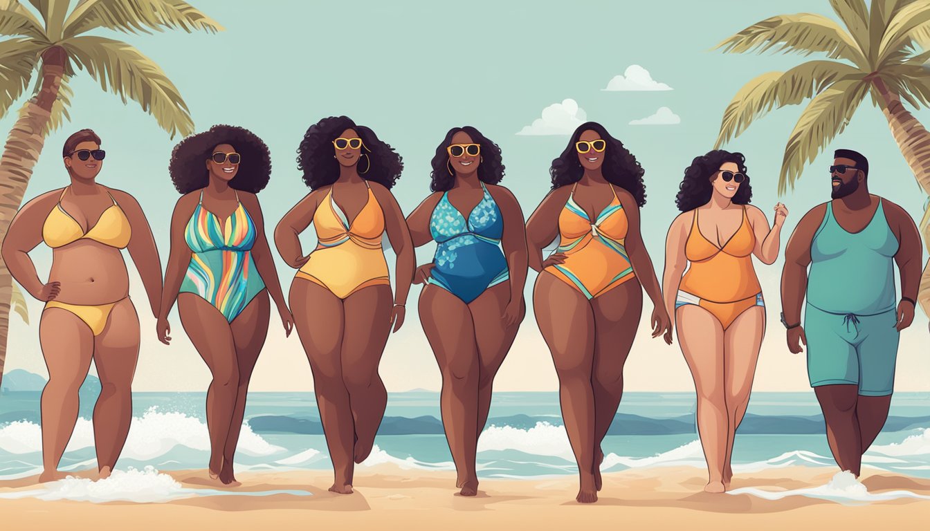 A diverse group of swimwear models with various body types enjoying the beach, representing the inclusive range of Australia swimwear brands