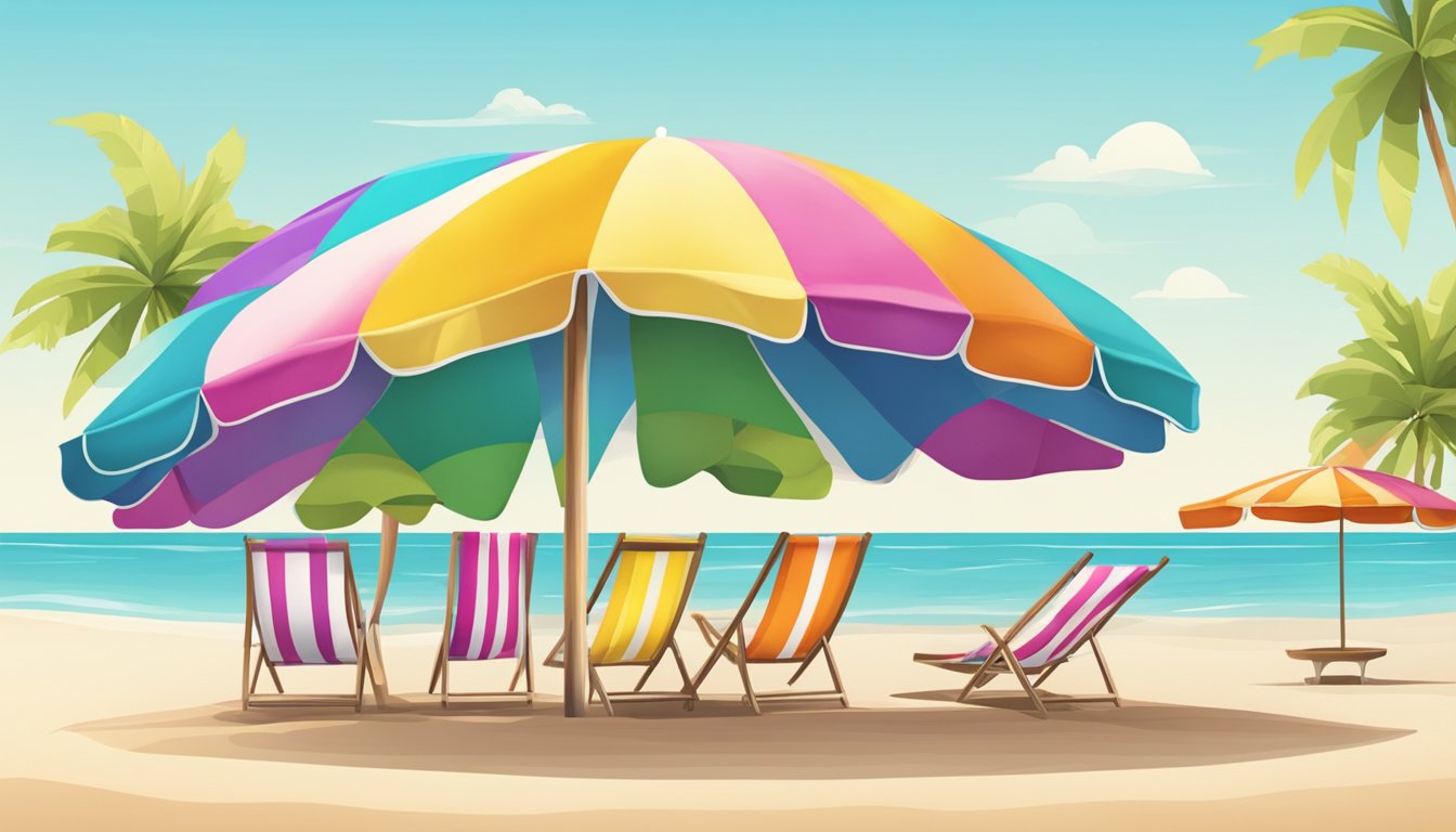 A sunny beach with colorful towels, umbrellas, and beach chairs. A variety of stylish swimwear brands displayed on a beachside rack