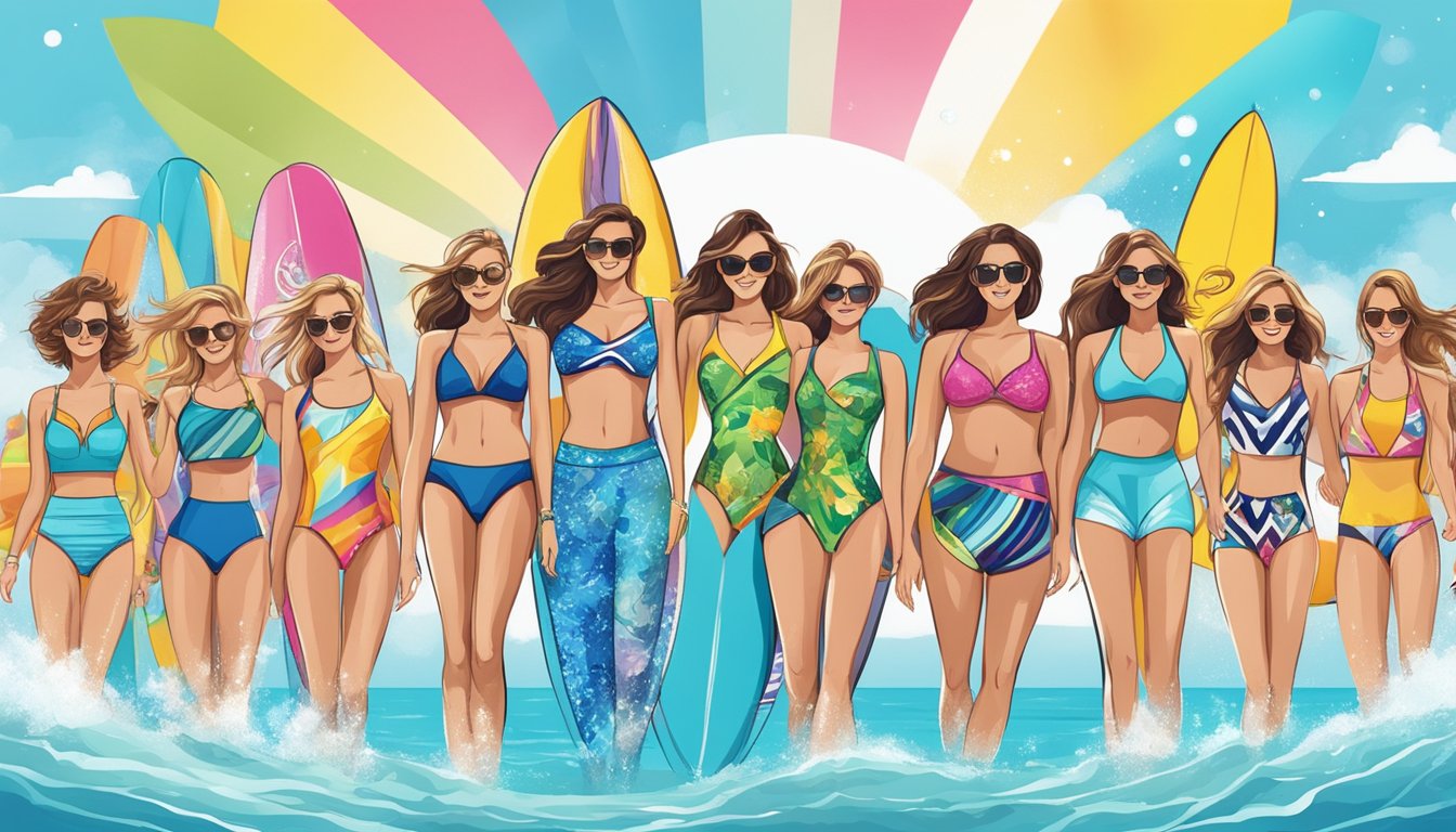 A beach with colorful Australian swimwear brands logos displayed on a banner against a backdrop of clear blue skies and sparkling ocean waves