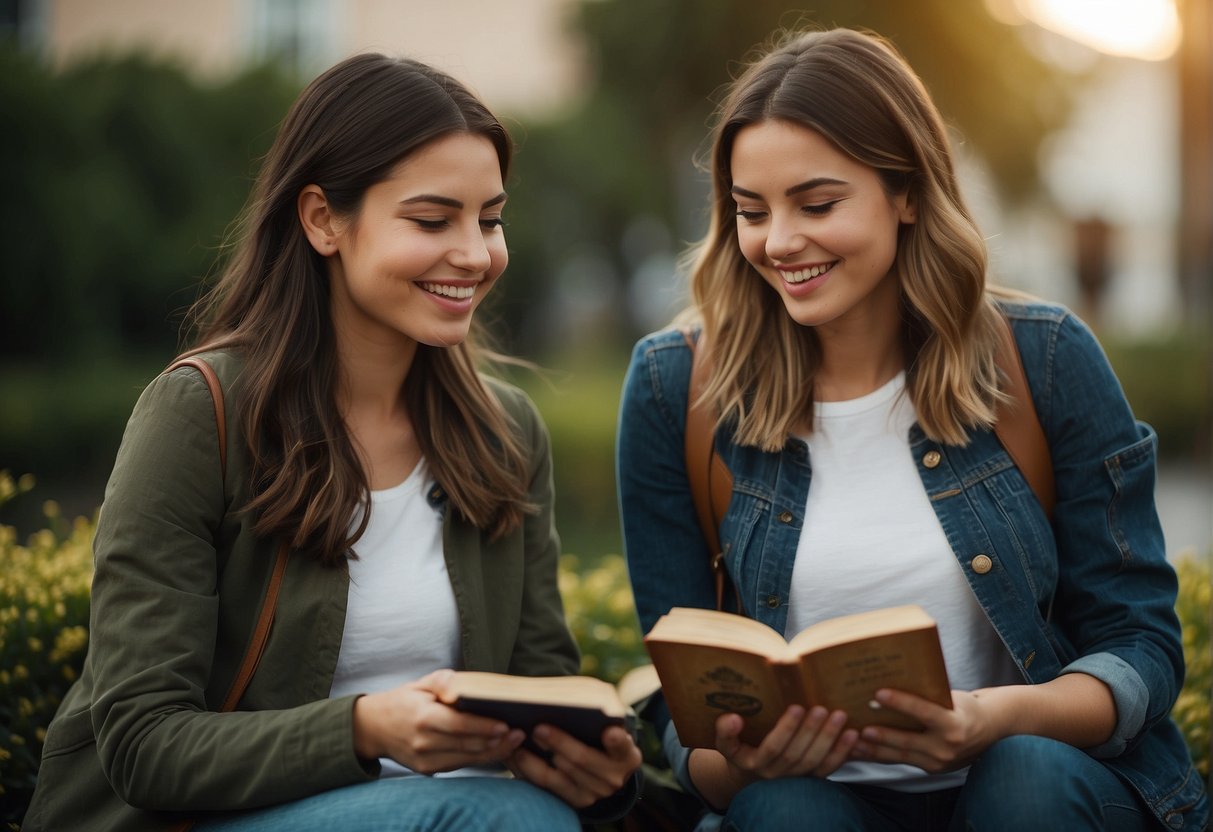 Two girls, one speaking English and the other Spanish, sharing a book with their names written in both languages