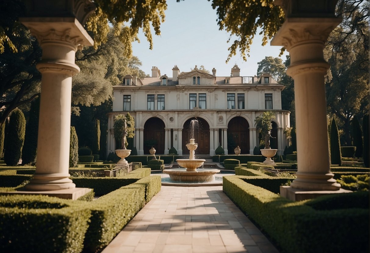 A grand mansion with ornate gates and towering columns, surrounded by sprawling gardens and a shimmering fountain