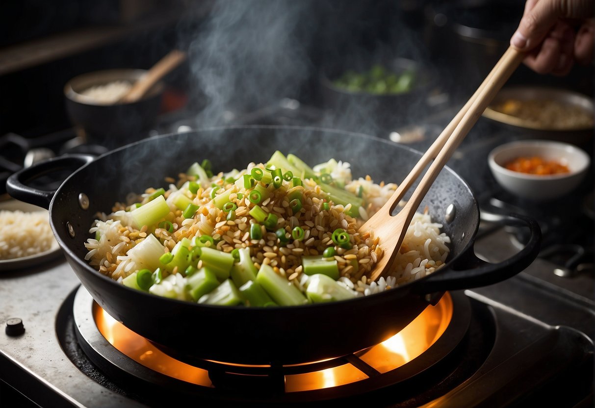 A sizzling wok filled with chopped celery, garlic, and ginger, stir-frying in a savory sauce of soy, sesame oil, and rice wine vinegar