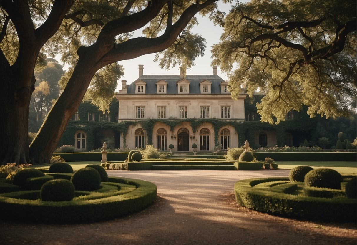 An opulent mansion with ornate architecture and sprawling gardens, surrounded by generations-old oak trees and a sense of timeless elegance