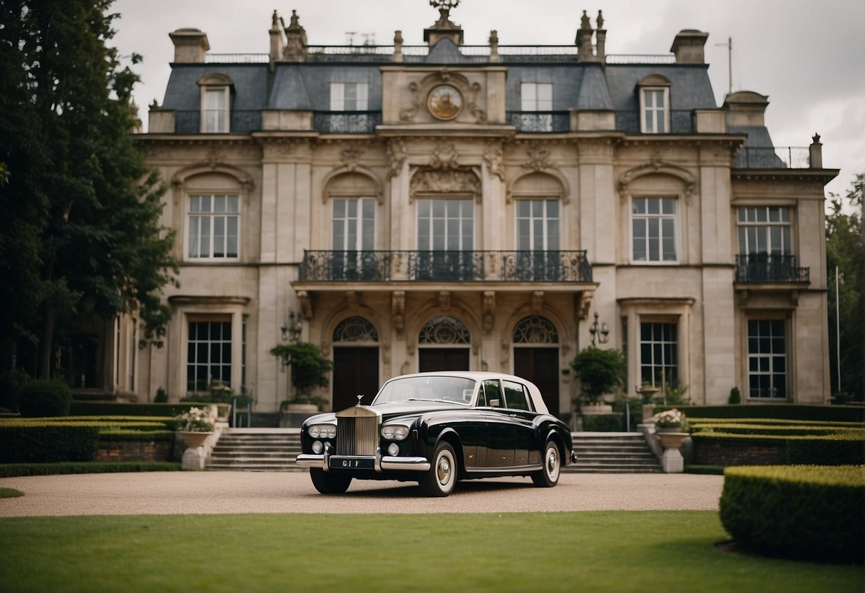 The grand mansion exudes opulence with its ornate architecture and sprawling gardens, while the vintage Rolls Royce and antique family crest proudly adorn the entrance