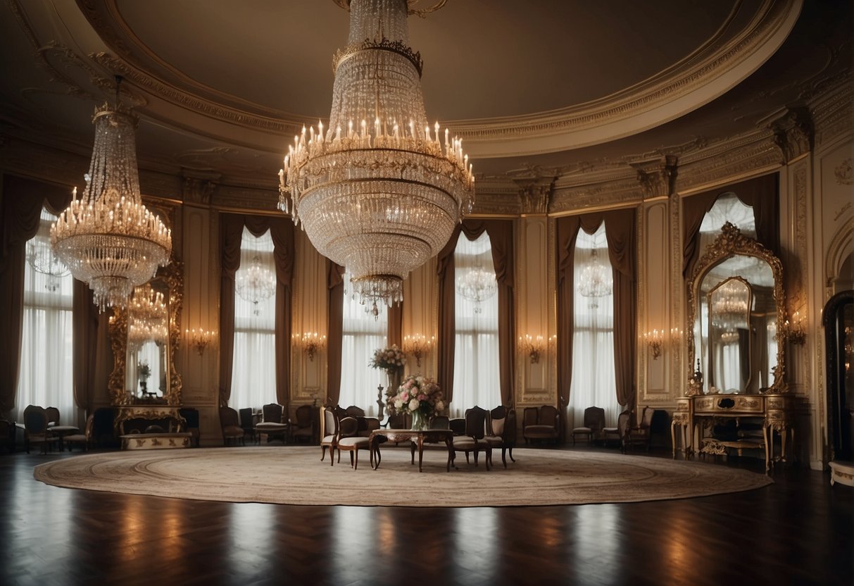 A grand ballroom with ornate chandeliers and antique furniture, adorned with portraits of distinguished ancestors