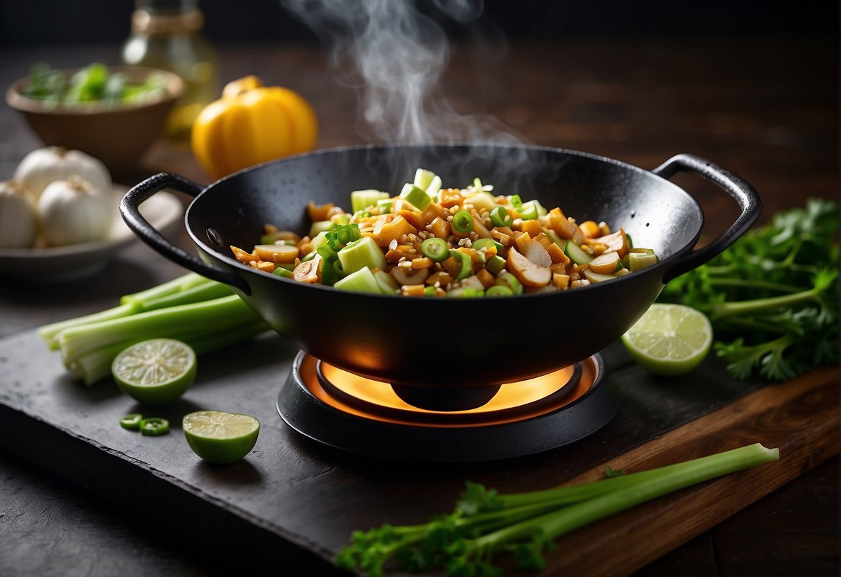 A wok sizzles with chopped celery, garlic, and ginger. Soy sauce and sesame oil add flavor as the ingredients are tossed together over high heat