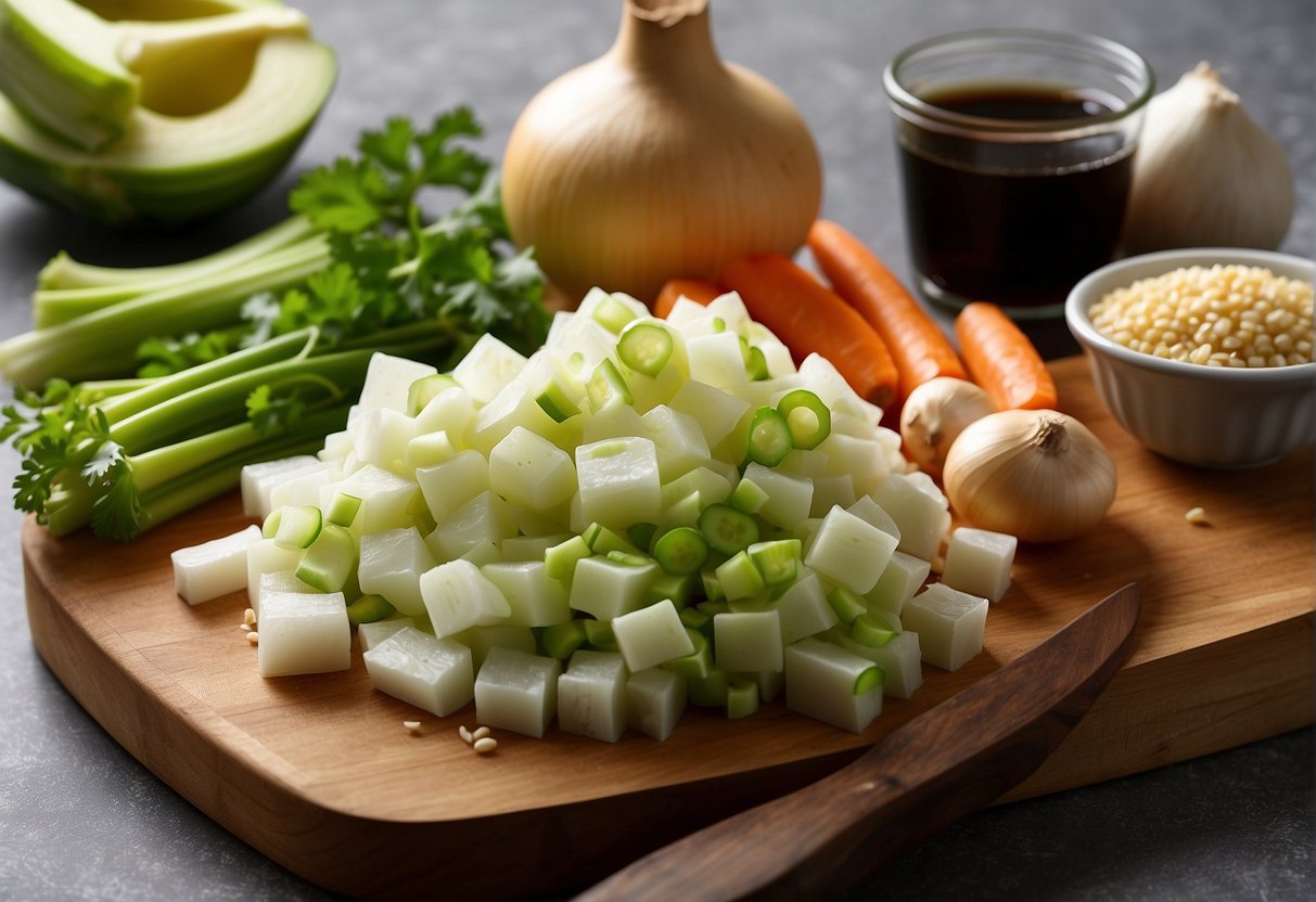 A cutting board with sliced celery, carrots, and onions. A bowl of diced garlic and ginger. A bottle of soy sauce and a dish of cornstarch