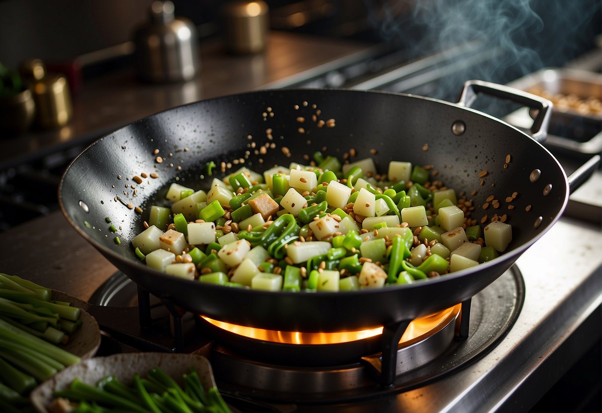A wok sizzles with diced celery, garlic, and ginger in hot oil. Steam rises as the ingredients are tossed and stir-fried to perfection. Soy sauce and sesame oil are added for flavor