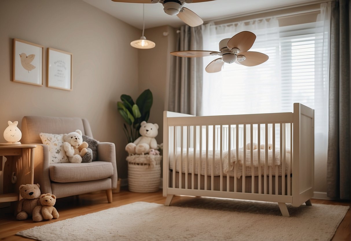 A cozy baby's room with a crib and soft toys. A ceiling fan spins quietly above, creating a gentle breeze
