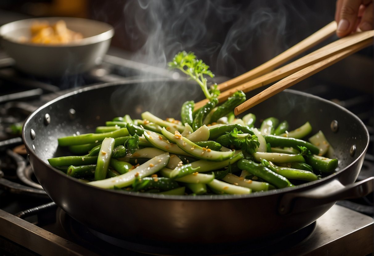 Fresh lady fingers sizzling in a hot wok with garlic, ginger, and soy sauce. Steam rising as the vibrant green vegetables cook to perfection