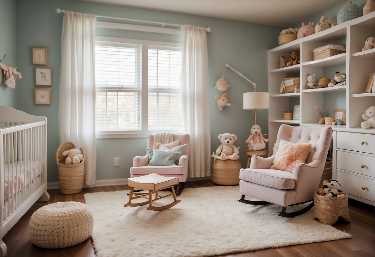 A baby's room with a ceiling fan, soft pastel colors, and a cozy rocking chair. Toys and books are neatly organized on shelves, creating a peaceful and comfortable environment for the baby